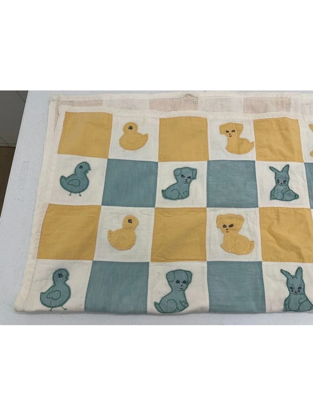 Vintage Nursery Quilt Checkerboard Animal Appliques Pastel Palette Aqua Blue Lar